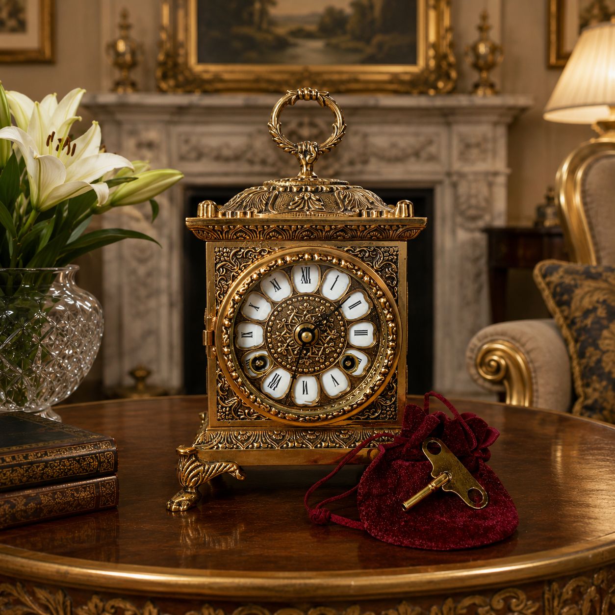 Decorative gold clock on a table with flowers and a key in a room setting.