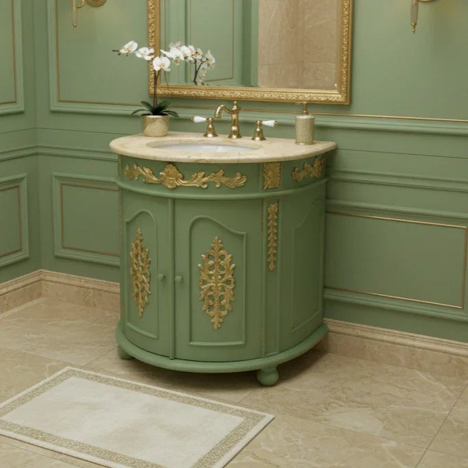 Green bathroom vanity with gold accents in a bathroom setting
