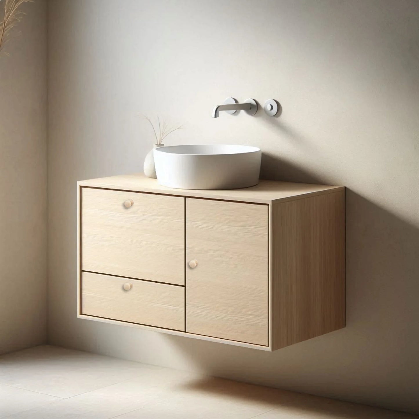 Bathroom vanity with a sink and faucet against a neutral wall.