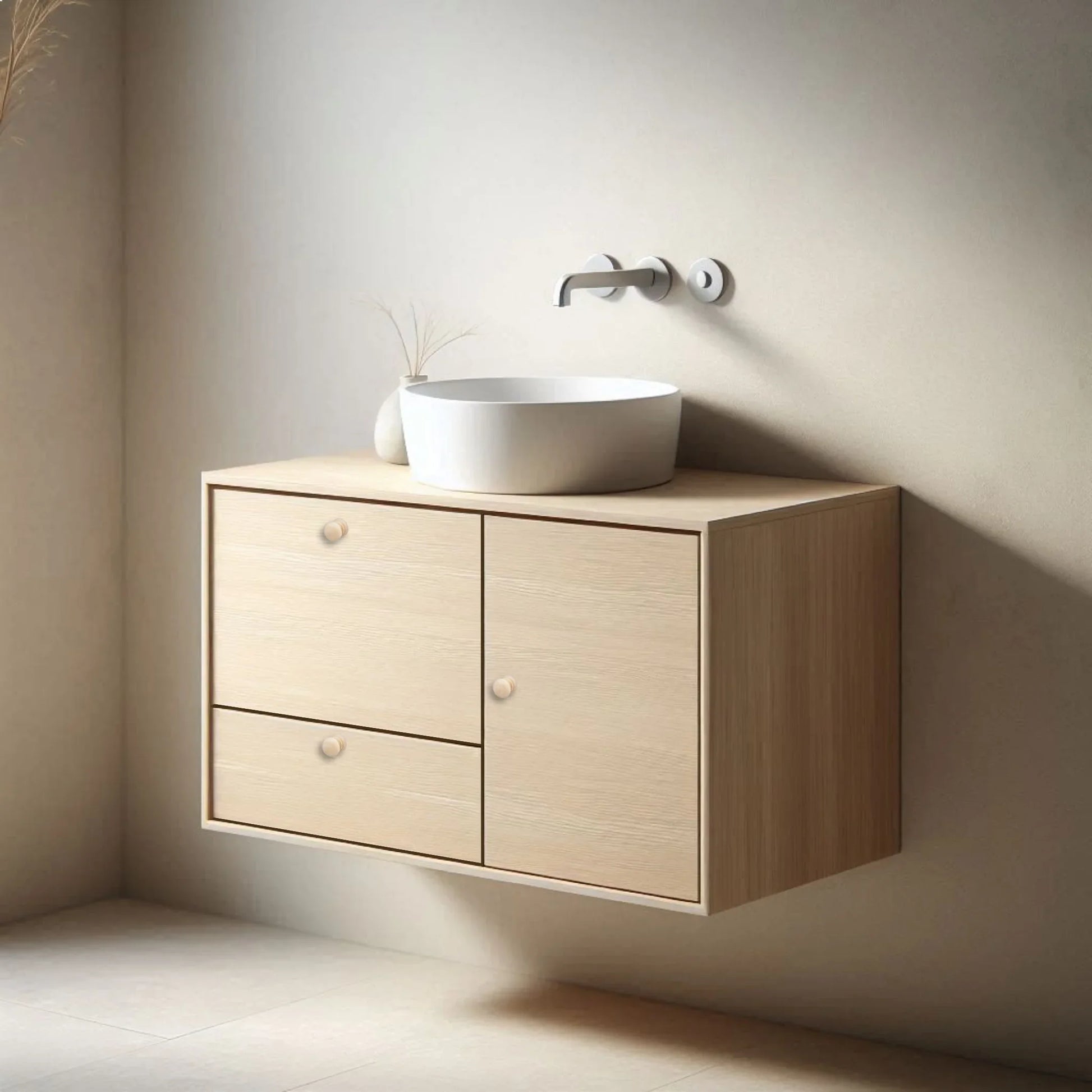 Bathroom vanity with a sink and faucet against a neutral wall.