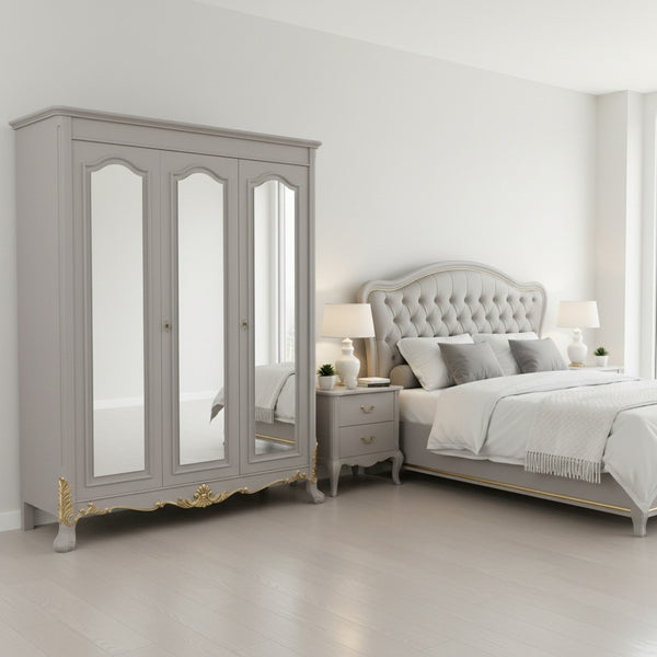Gray bedroom set with wardrobe and bed in a well-lit room