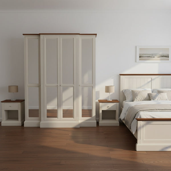 Bedroom with wooden wardrobe and bed