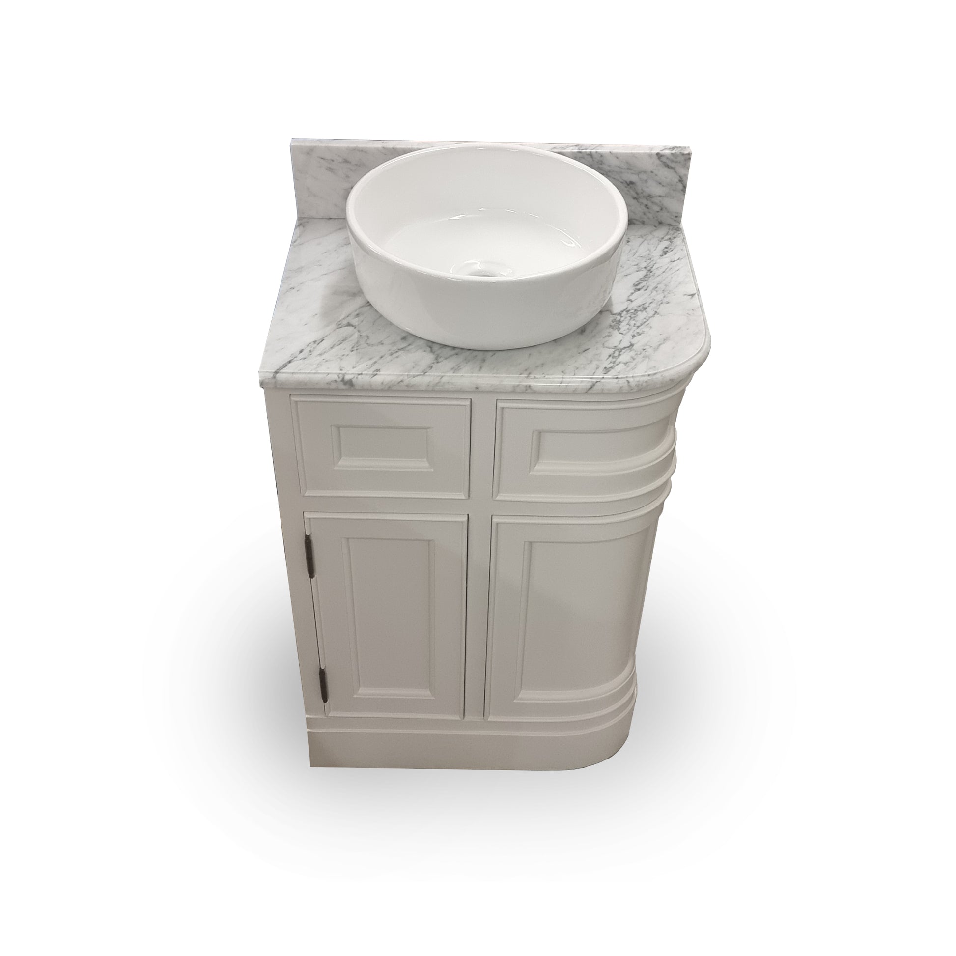 Bathroom vanity with marble countertop and white basin on a white background