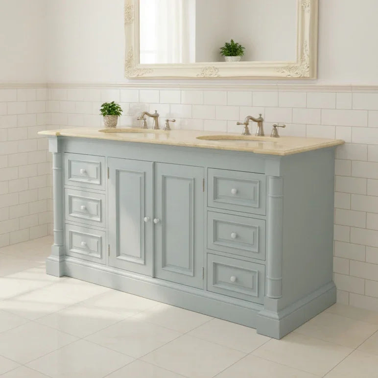 Bathroom vanity with light gray cabinet, beige countertop, and mirror in a tiled bathroom.