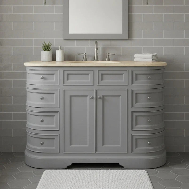 Gray bathroom vanity with wooden countertop against a gray tiled wall.