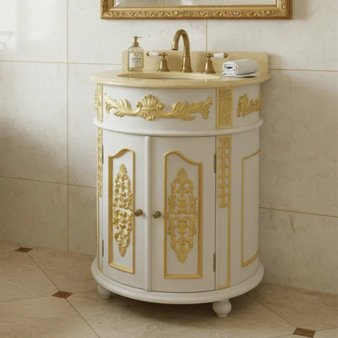 Decorative bathroom vanity with gold accents in a tiled bathroom.
