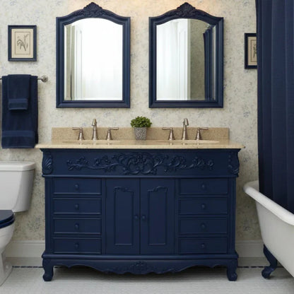 Bathroom with navy blue vanity, mirrors, and bathtub.