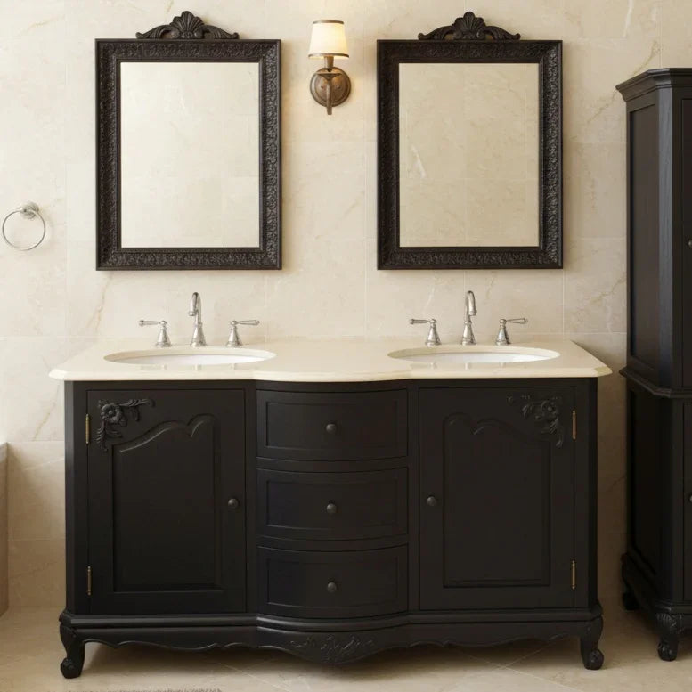 Black bathroom vanity with double sink and mirrors in a bathroom setting.