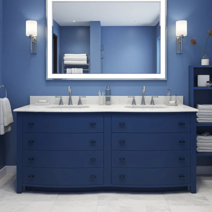 double curve, double sink bathroom vanity unit with white marble top, in blue bathroom