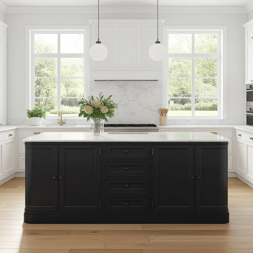Modern kitchen with a black island and white countertops