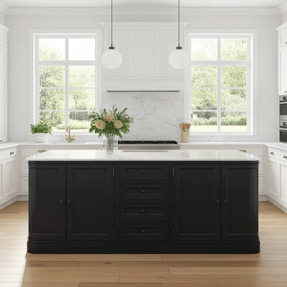 Modern kitchen with a black island and white countertops