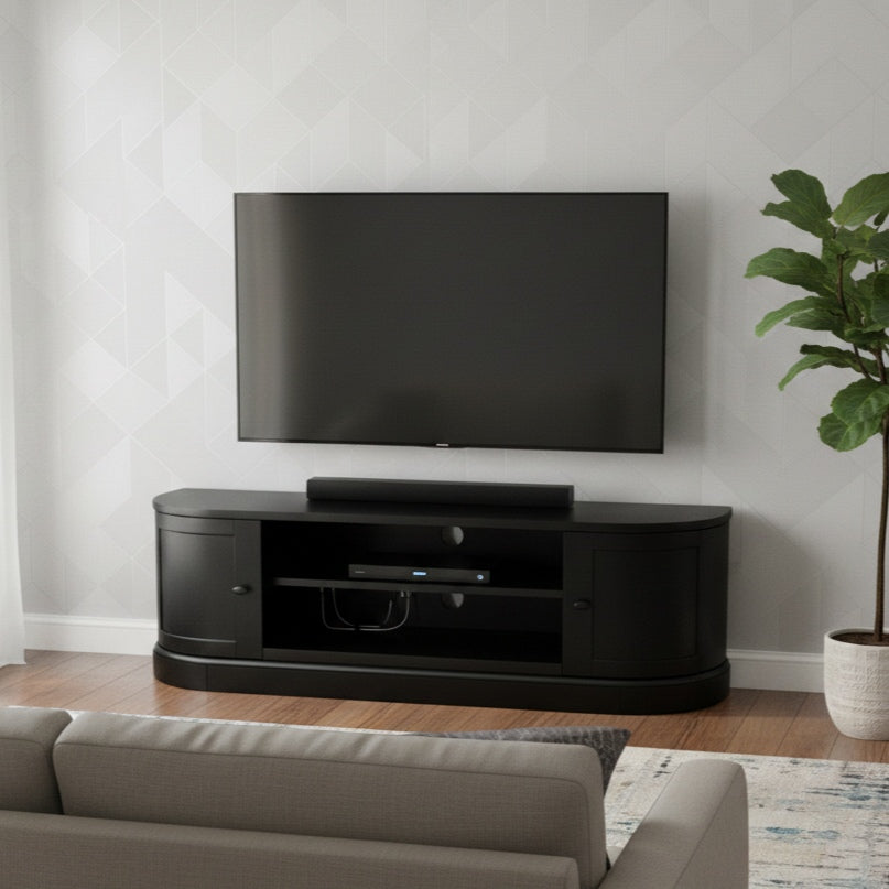black curved tv cabinet in living room
