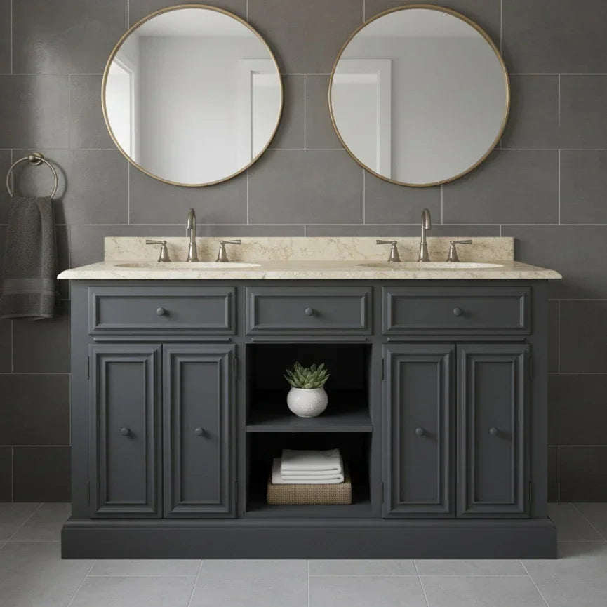 Bathroom vanity with two round mirrors on a tiled wall.
