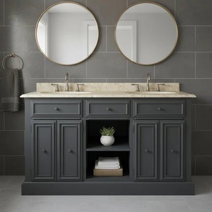 Bathroom vanity with two round mirrors on a tiled wall.
