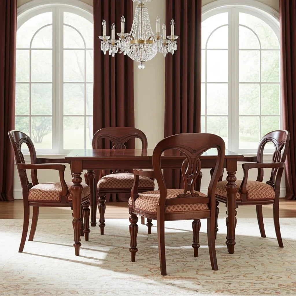 Dining room with wooden table and chairs, crystal chandelier, and large windows.