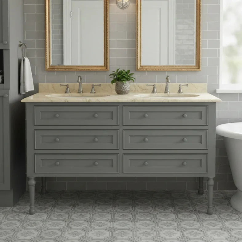 Bathroom vanity with double sink, gray cabinets, and decorative elements.