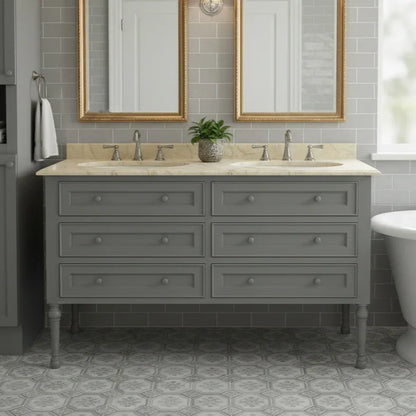 Bathroom vanity with double sink, gray cabinets, and decorative elements.