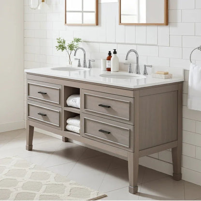 Bathroom vanity with double sink, cabinets, and decorative elements.