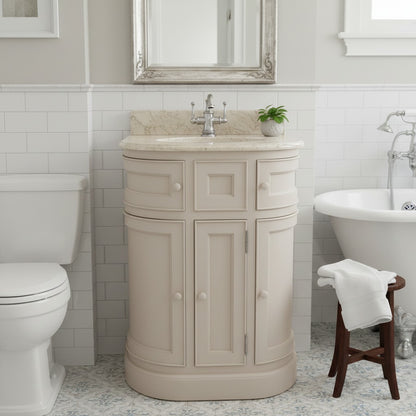 Beige vanity unit in a bathroom with a mirror, toilet, and sink.