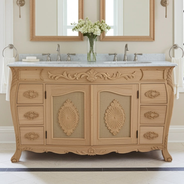 Decorative wooden vanity with marble countertop and mirrors in a bathroom setting.