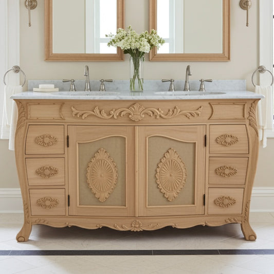 Decorative wooden vanity with marble countertop and mirrors in a bathroom setting.