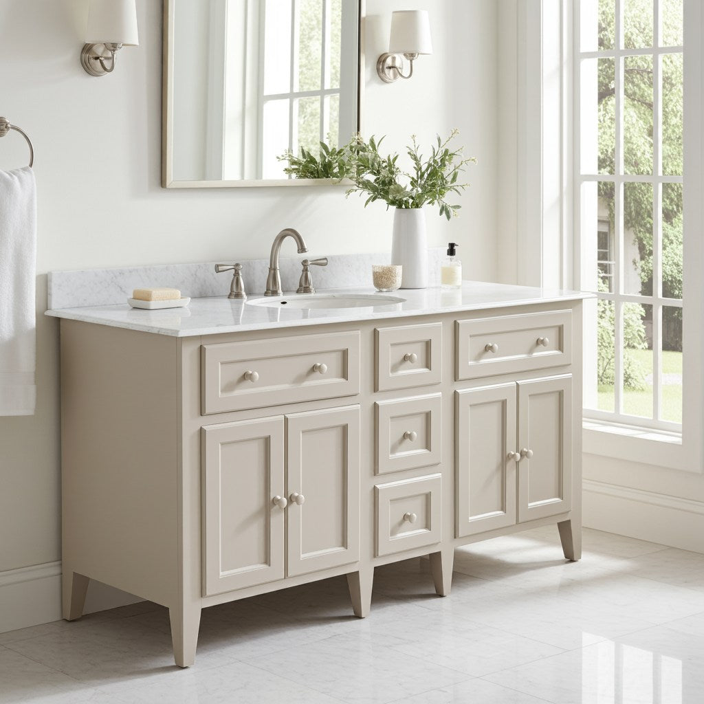 Bathroom vanity with marble countertop, sink, and decorative elements in a bright room.