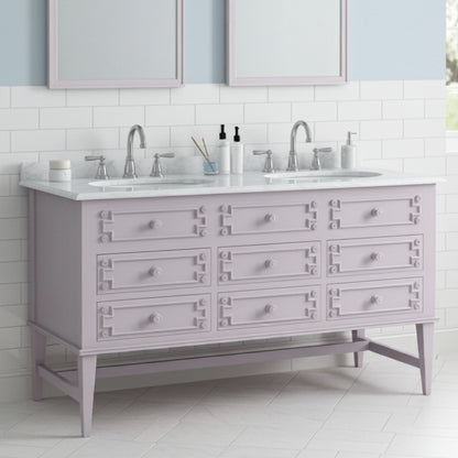 Bathroom vanity with double sink and light gray cabinets.