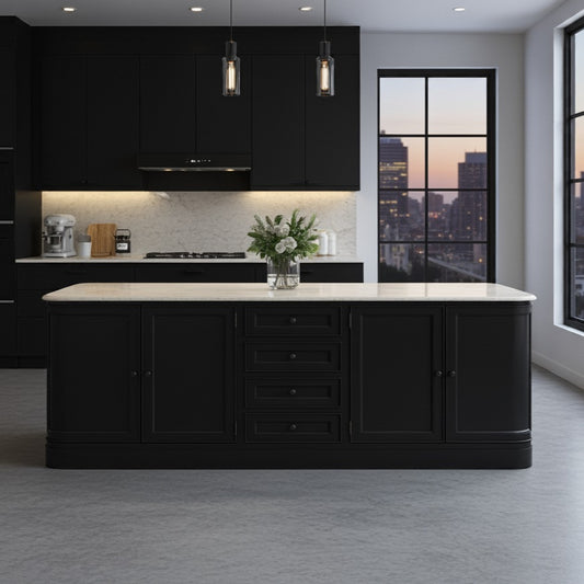 Modern kitchen with black cabinetry and a large island.