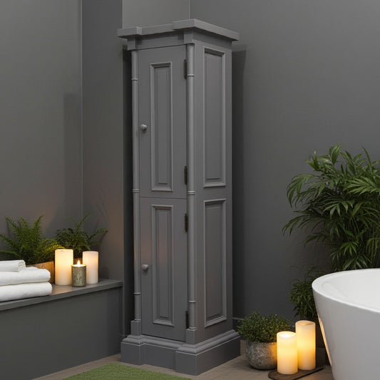 Tall, grey bathroom cabinet with regency style columns