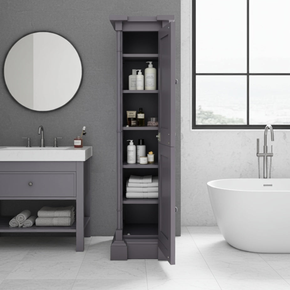 Tall, grey bathroom cabinet with regency style columns with its cupboard open showing 6 shelves