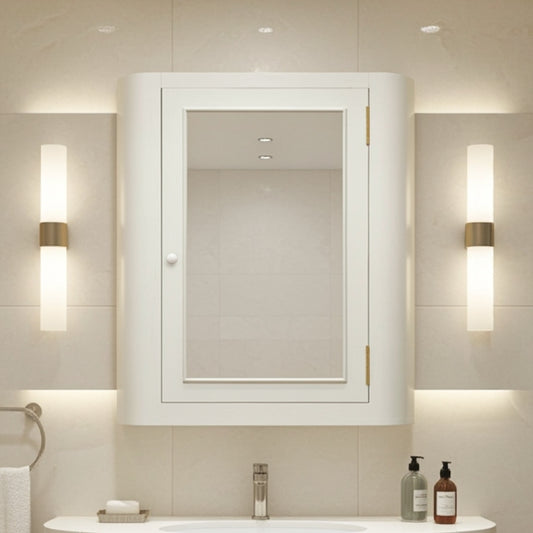 curved bathroom medicine cabinet with mirror, hung above a bathroom sink