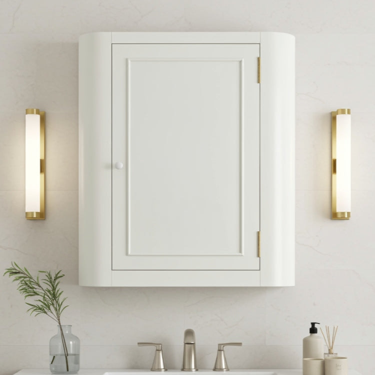 curved bathroom medicine cabinet, hung above a bathroom sink