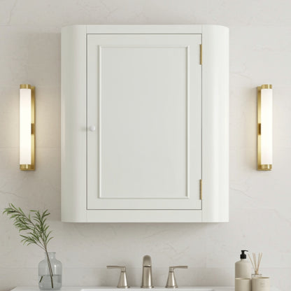 curved bathroom medicine cabinet, hung above a bathroom sink