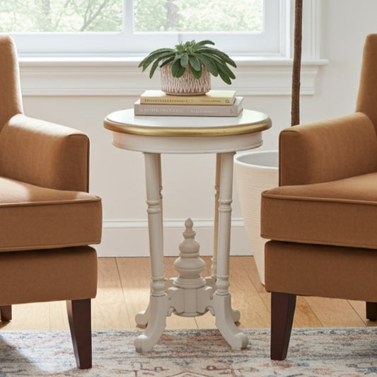 white side table and decorative items in a room with a window.