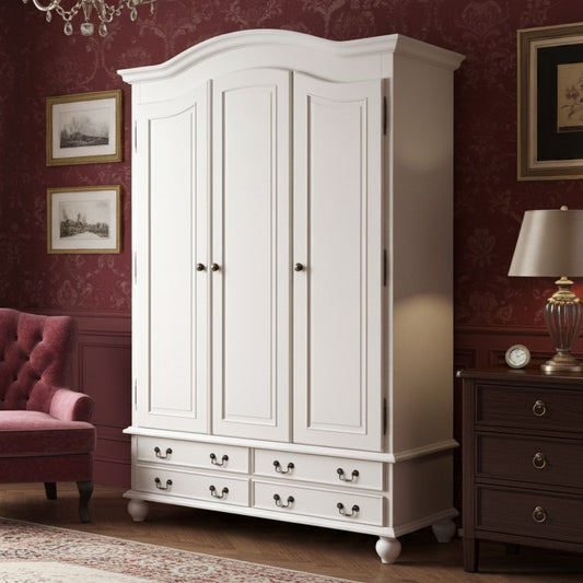 White wardrobe in a room with red walls, a pink armchair, and a lamp.