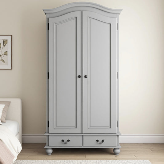 Gray wardrobe with two doors and a drawer in a bedroom setting.