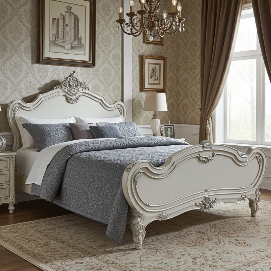 Decorative bedroom with an ornate bed, chandelier, and framed artwork.