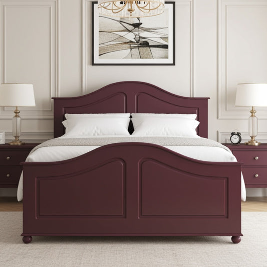 Maroon bed frame with white bedding in a bedroom setting.