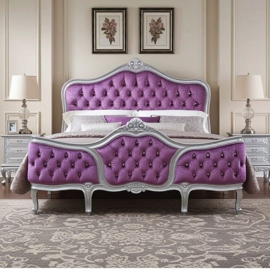 Purple tufted bed with silver frame in a decorated room