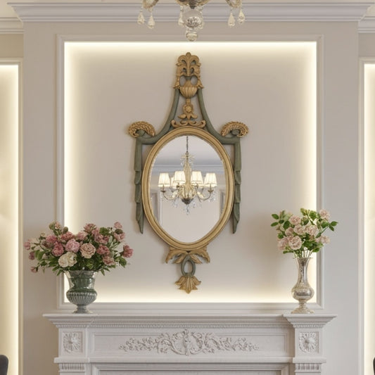 Decorative mirror with floral arrangements on a mantelpiece in a stylish room.