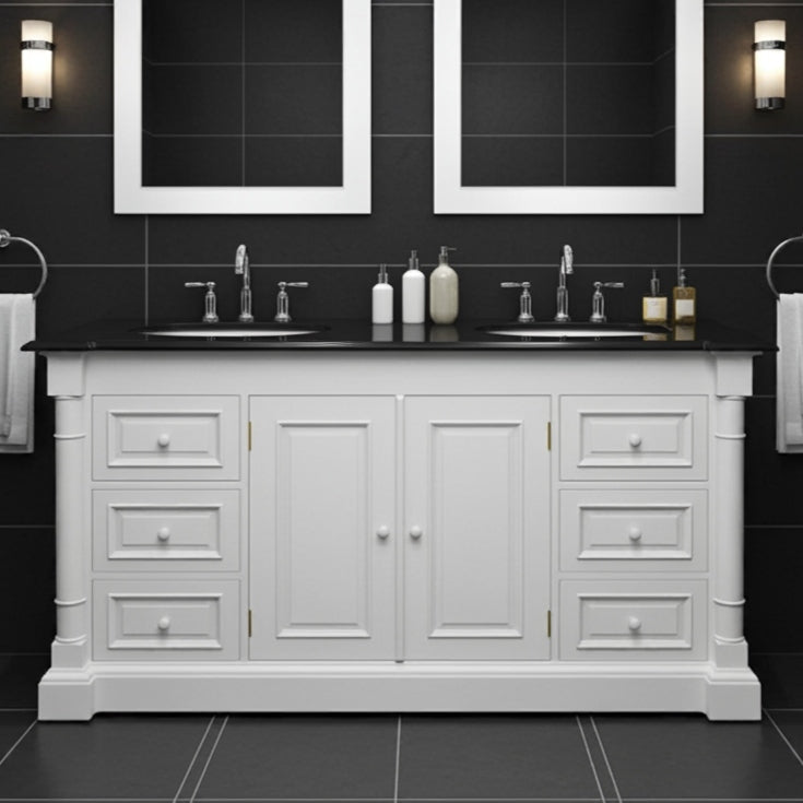Bathroom vanity with double sink, black countertop, and white cabinets against a black tiled wall.