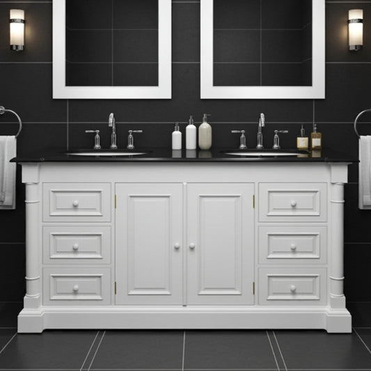 Bathroom vanity with double sink, black countertop, and white cabinets against a black tiled wall.