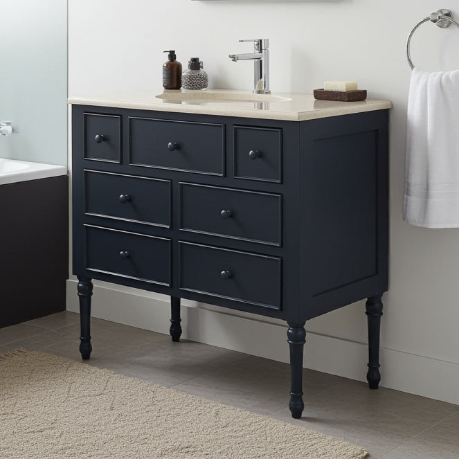 Black bathroom vanity with sink and toiletries in a modern bathroom setting.
