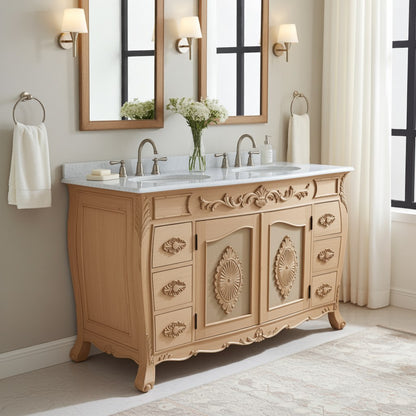 Bathroom vanity with marble countertop, decorative mirrors, and towels.
