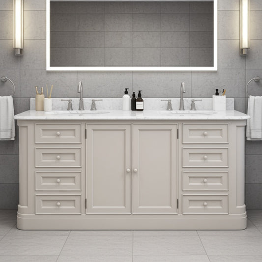Bathroom vanity with double sink, cabinets, and decorative items against a tiled wall.