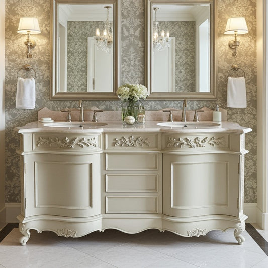 Vintage-style bathroom vanity with ornate details in a bathroom setting.