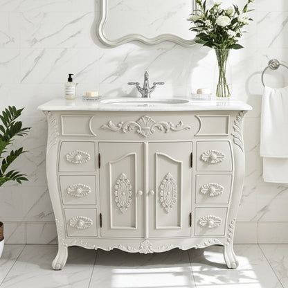 petite french style bathroom vanity unit with marble top in white marble setting