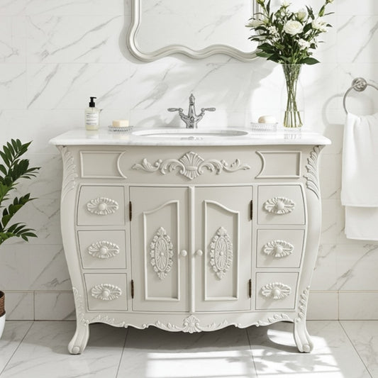 petite french style bathroom vanity unit with marble top in white marble setting