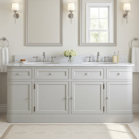Bathroom vanity with two sinks, mirrors, and decorative elements.
