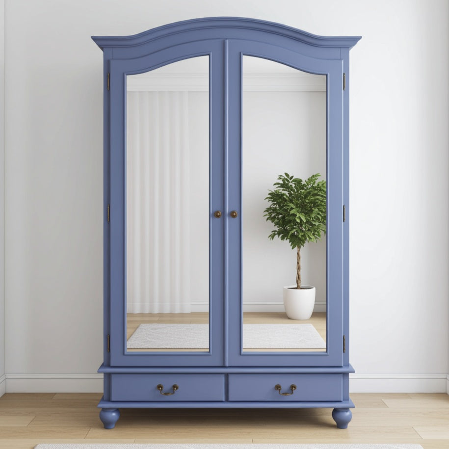 Blue armoire with mirror doors in a room with a plant and rug.